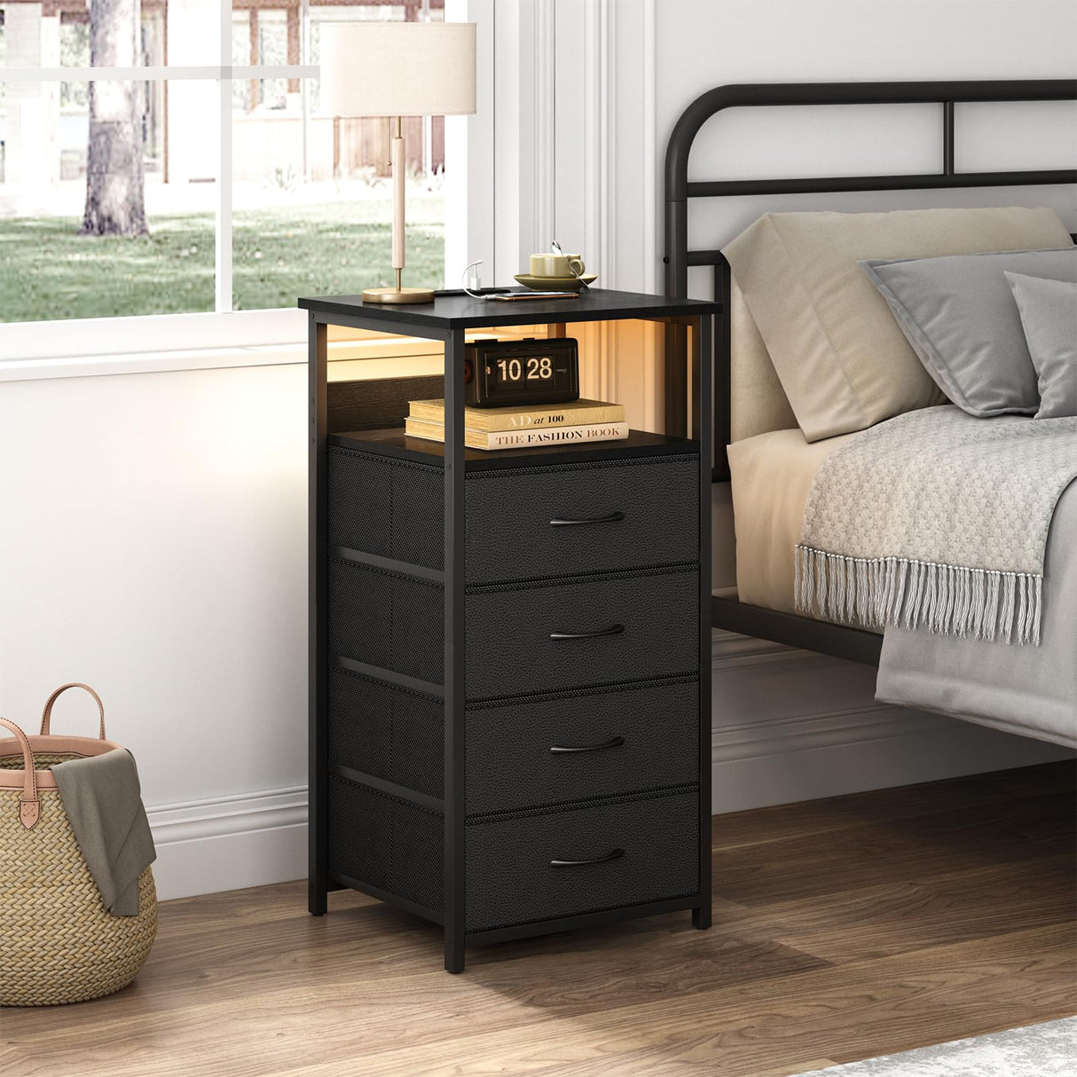 Fixwal Night Stand with Charging Station, LED Dresser for Bedroom Tall Nightstand with USB Ports and Outlets, 4 Fabric Storage Drawers with PU Finish, Bed Side Table, Black Fixwal