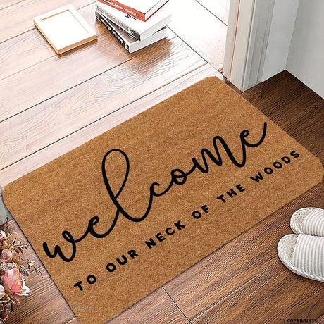 THIYOTA Welcome Mats for Front Door Outdoor Entry Welcome to Our Neck of The Woods Doormat Doormat Non Slip Mat for Home Indoor Farmhouse Funny Kitchen Rugs Patio Greeting Front Porch Rugs 17x30 Inch THIYOTA