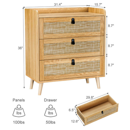 Knowlife 3 Drawer Rattan Dresser for Bedroom, Chest of Drawer, 3 Drawer Dresser, Modern Wood Dresser with Natural Rattan Drawer for Entryway, Living Room, Closet - WoodArtSupply