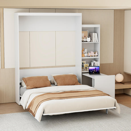 FAVSH Queen Size Murphy Bed Cabinet with Shelf and Hidden Table, Wood Hideaway Beds,Wall Bedframe for Bedroom,Space-Saving, Noise Free, White FAVSH
