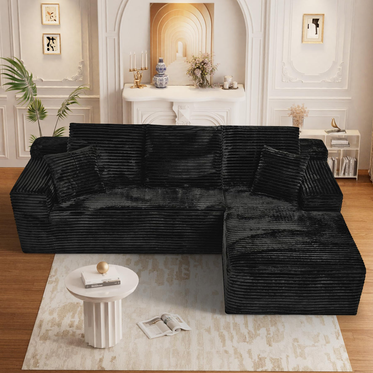 ONEMMLION Cloud Couch Sectional Modular Sofa, 107.5" Comfy Black L Shaped Boneless Couches for Living Room, Deep Seat Plush Corduroy Couch Sectional Memory Foam Sofa(Black, Right Facing Chaise) ONEMMLION