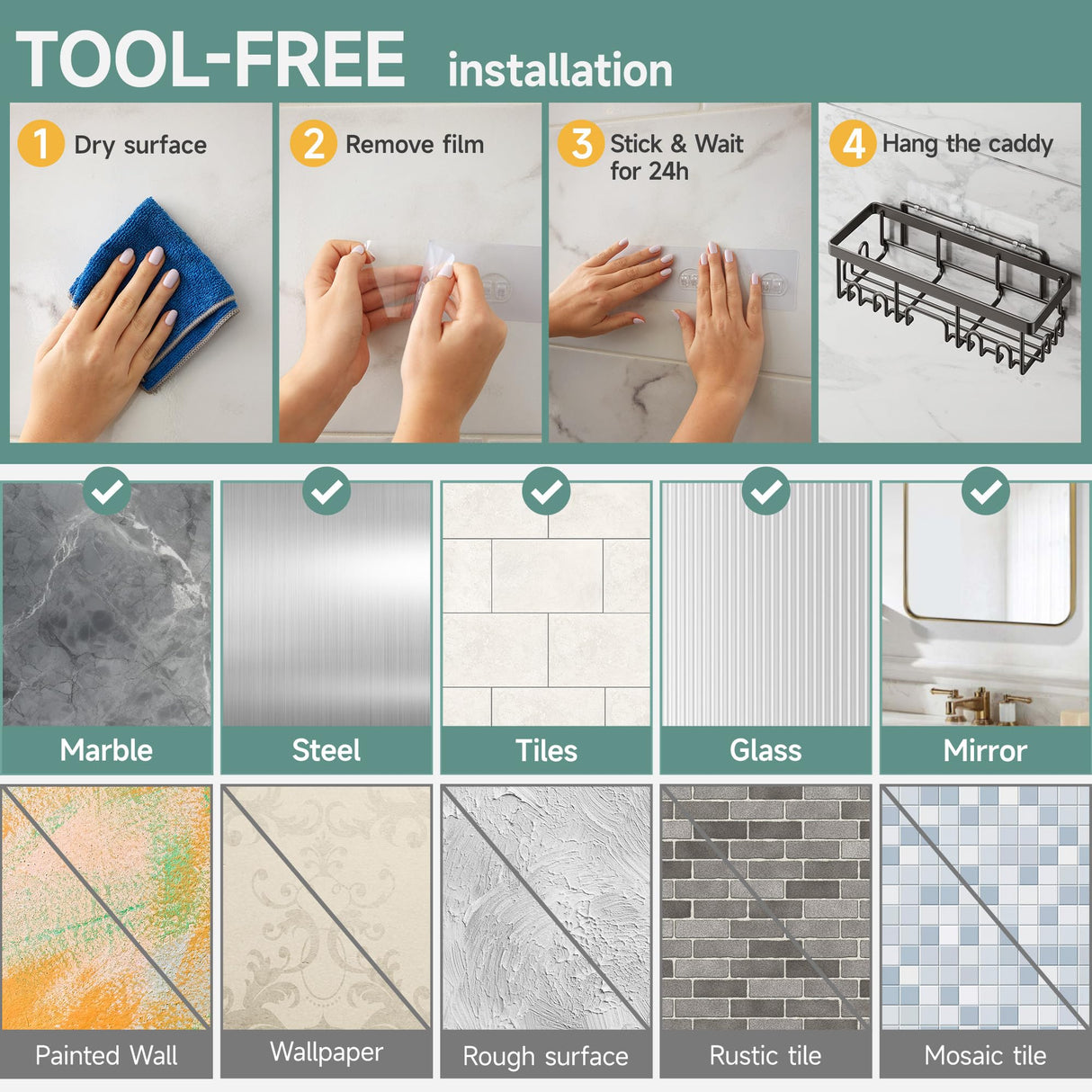 Veken Stainless Steel Shower Caddy 6-Pack, Adhesive Rustproof Shelves Rack with Soap Holder, Large Capacity Bathroom Organizers and Storage, No Drilling Wall-Mounted Kitchen & Home Decor, Bath Decor Veken