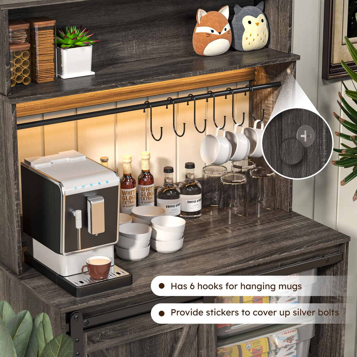 Linkriseed Farmhouse Coffee Bar Cabinet with LED Light, 55 Inch Bakers Rack with Storage, Large Coffee Bar Hutch with 6 Hooks and Sliding Barn Door for Living Dining Room, Dark Gray Linkriseed