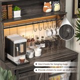 Linkriseed Farmhouse Coffee Bar Cabinet with LED Light, 55 Inch Bakers Rack with Storage, Large Coffee Bar Hutch with 6 Hooks and Sliding Barn Door for Living Dining Room, Dark Gray Linkriseed