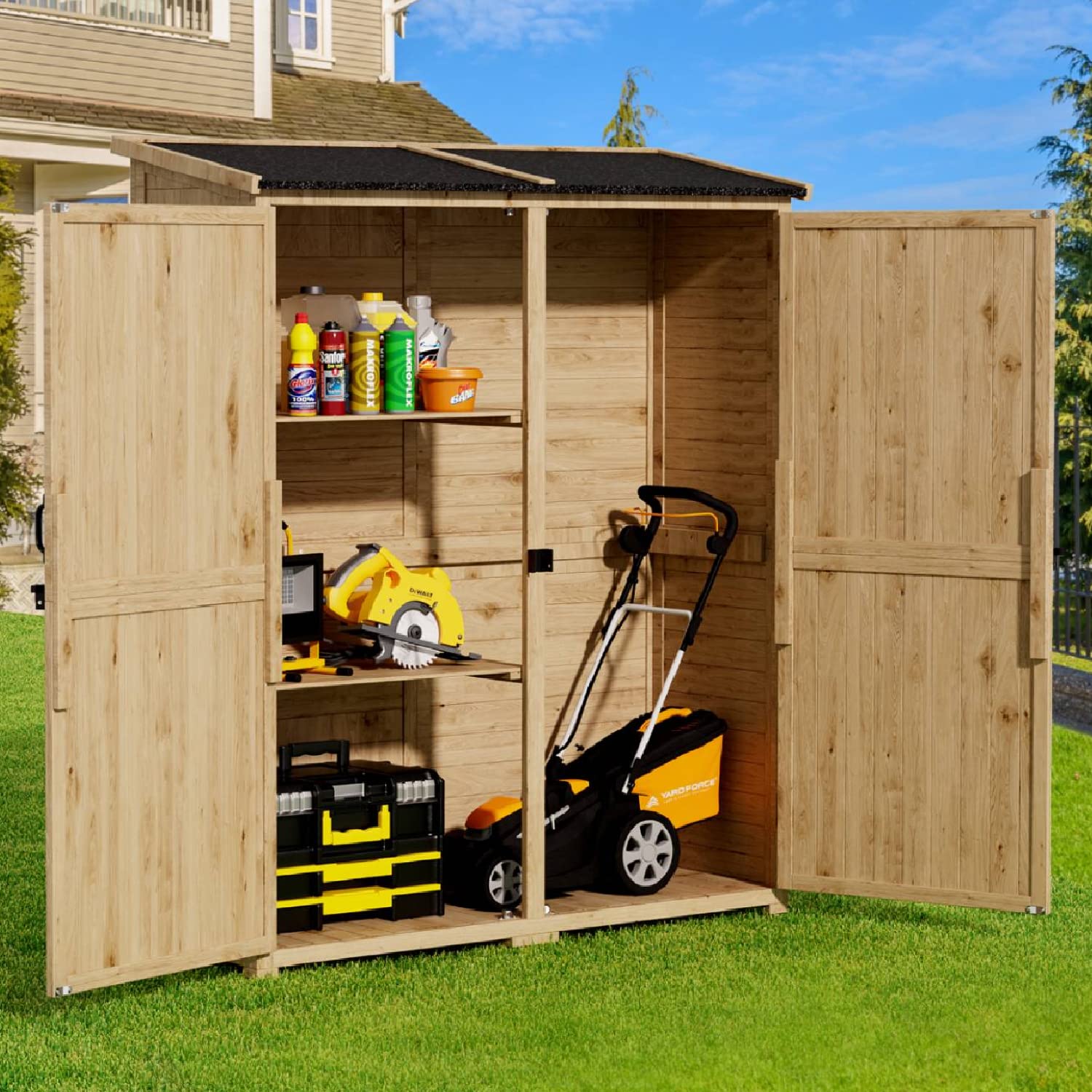 Gizoon Outdoor Storage Cabinet with Waterproof Roof, Double Lockable Doors Garden Shed with 2 Removable Shelves, Wooden Storage Shed with Large Storage Space for Patio, Garden, Backyard, Lawn - WoodArtSupply