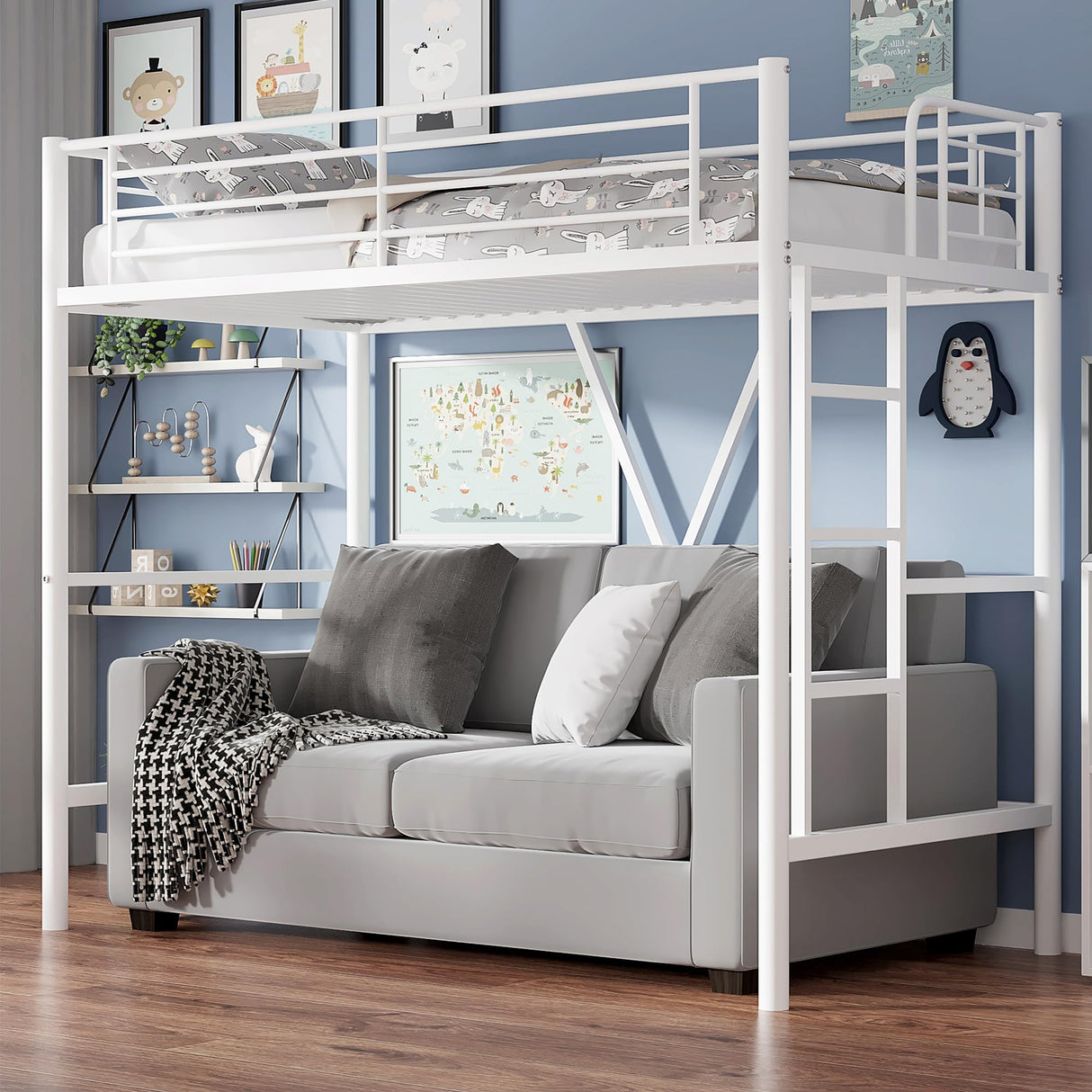 VECELO Twin Size Loft Bed with Stairs, Removable Ladder & High Guardrail, Heavy-Duty Metal Frame, Space-Saving Design & Noise-Free, White VECELO