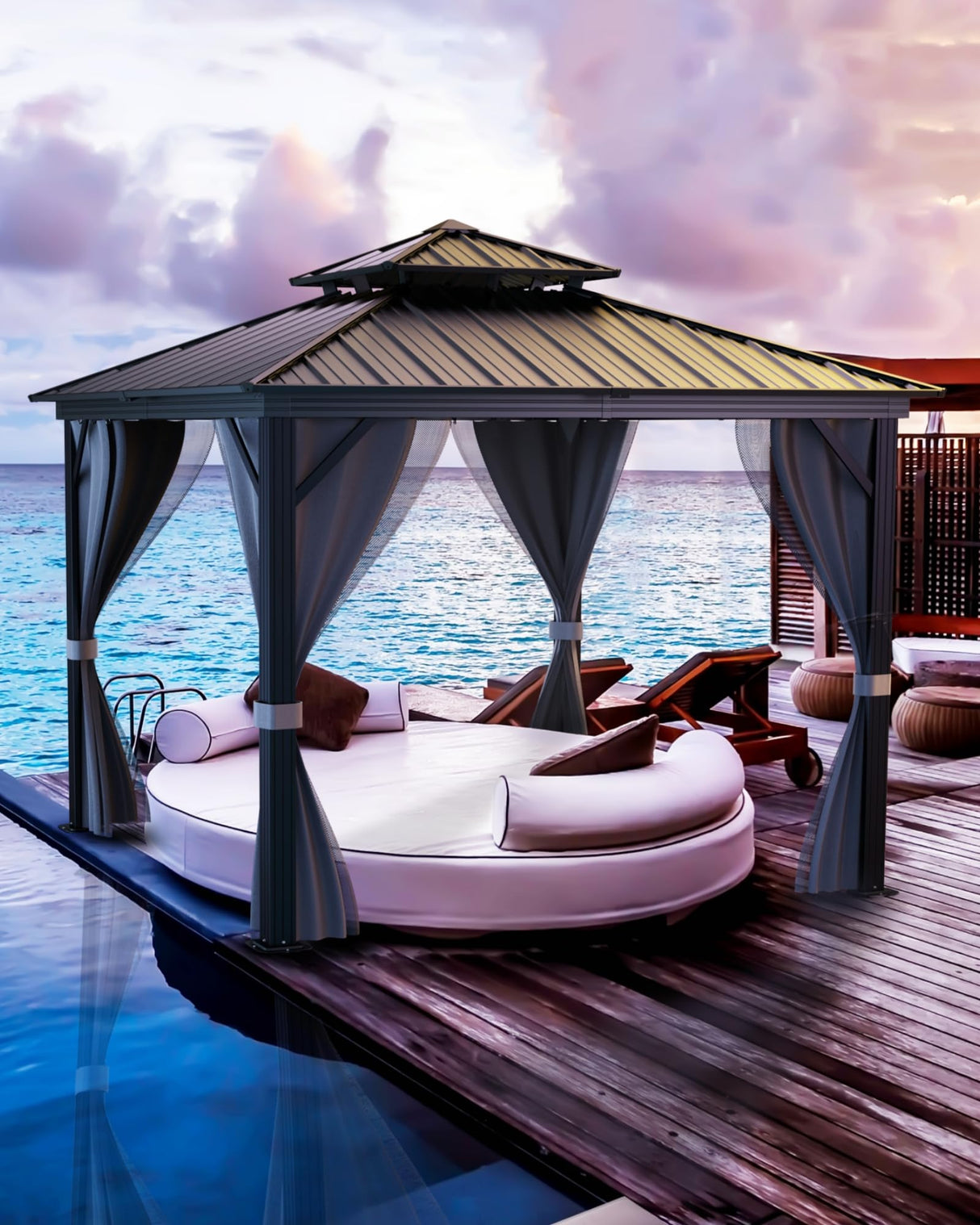 Hardtop Gazebo 12'x12' for All Weather, with Double Metal Roof, Aluminum Alloy Frame, and Net and Curtain, Permanent Building of Backyard Luxury for Patio, Deck, Backyard, Lawn, and Garden, Gray GAOMON