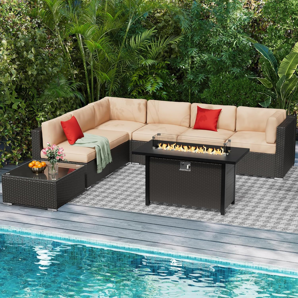 Patiomore 8-Pieces Outdoor Patio Furniture Sets,45”Propane Gas Fire Pit Table， All-Weather Black Brown Wicker Rattan Sectional Sofa, Washable Seat Cushion(Beige) Patiomore