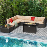 Patiomore 8-Pieces Outdoor Patio Furniture Sets,45”Propane Gas Fire Pit Table， All-Weather Black Brown Wicker Rattan Sectional Sofa, Washable Seat Cushion(Beige) Patiomore