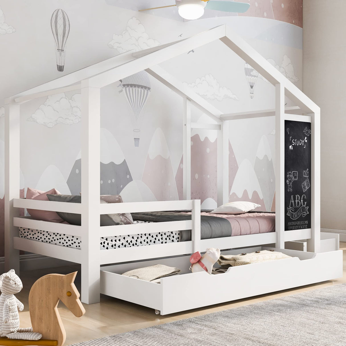 DNYN Full Size House Bed with Storage Drawers and Blackboard for Kids - Space-Saving Solid Wood Bedframe in White DNYN