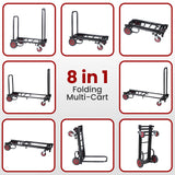 Pyle Compact Folding Adjustable Equipment Cart - Heavy Duty 8-in-1 Convertible Cart Hand Truck/Dolly/Platform Cart with R-Trac Wheels - Expandable Up to 25.24" to 40.24" - Pyle PKEQ38 Pyle
