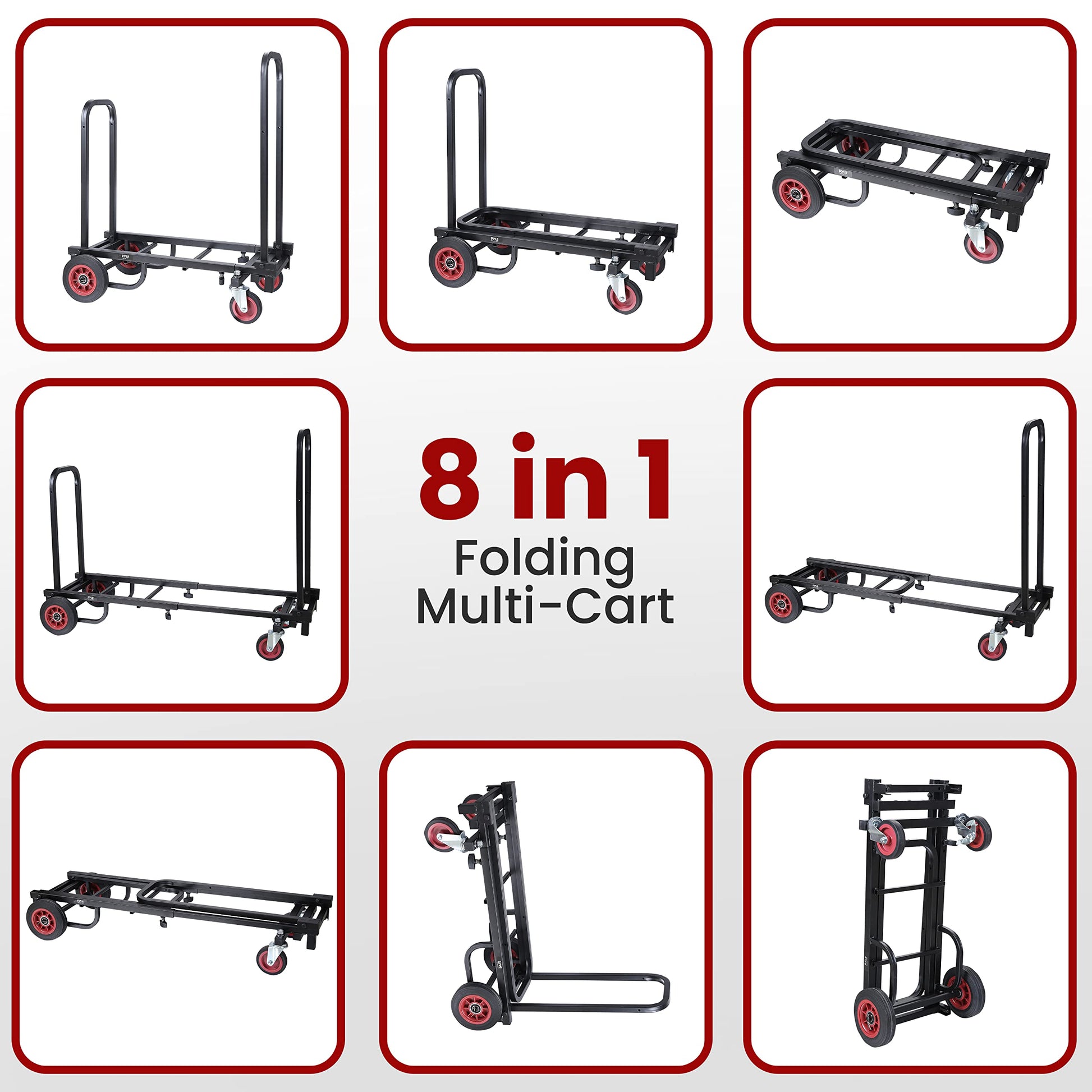 Pyle Compact Folding Adjustable Equipment Cart - Heavy Duty 8-in-1 Convertible Cart Hand Truck/Dolly/Platform Cart with R-Trac Wheels - Expandable Up to 25.24" to 40.24" - Pyle PKEQ38 - WoodArtSupply