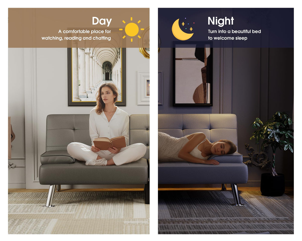 Flamaker Futon Sofa Bed Modern Folding Futon Set PU Leather Convertible Recliner Lounge for Living Room with 2 Cup Holders, Removable Armrests (PU Leather, Grey) Flamaker