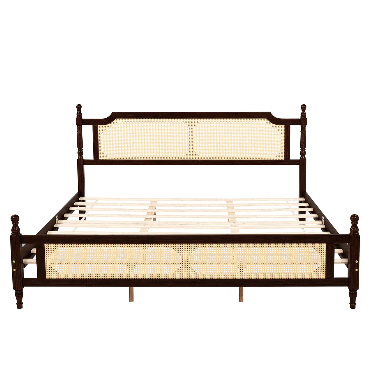 SOFTSEA Boho Rattan King Bed Frame, King Size Platform Bed Frame with Natural Rattan Headboard and Footboard, Solid Pine Wood, No Box Spring Needed, Easy Assembly, Espresso SOFTSEA