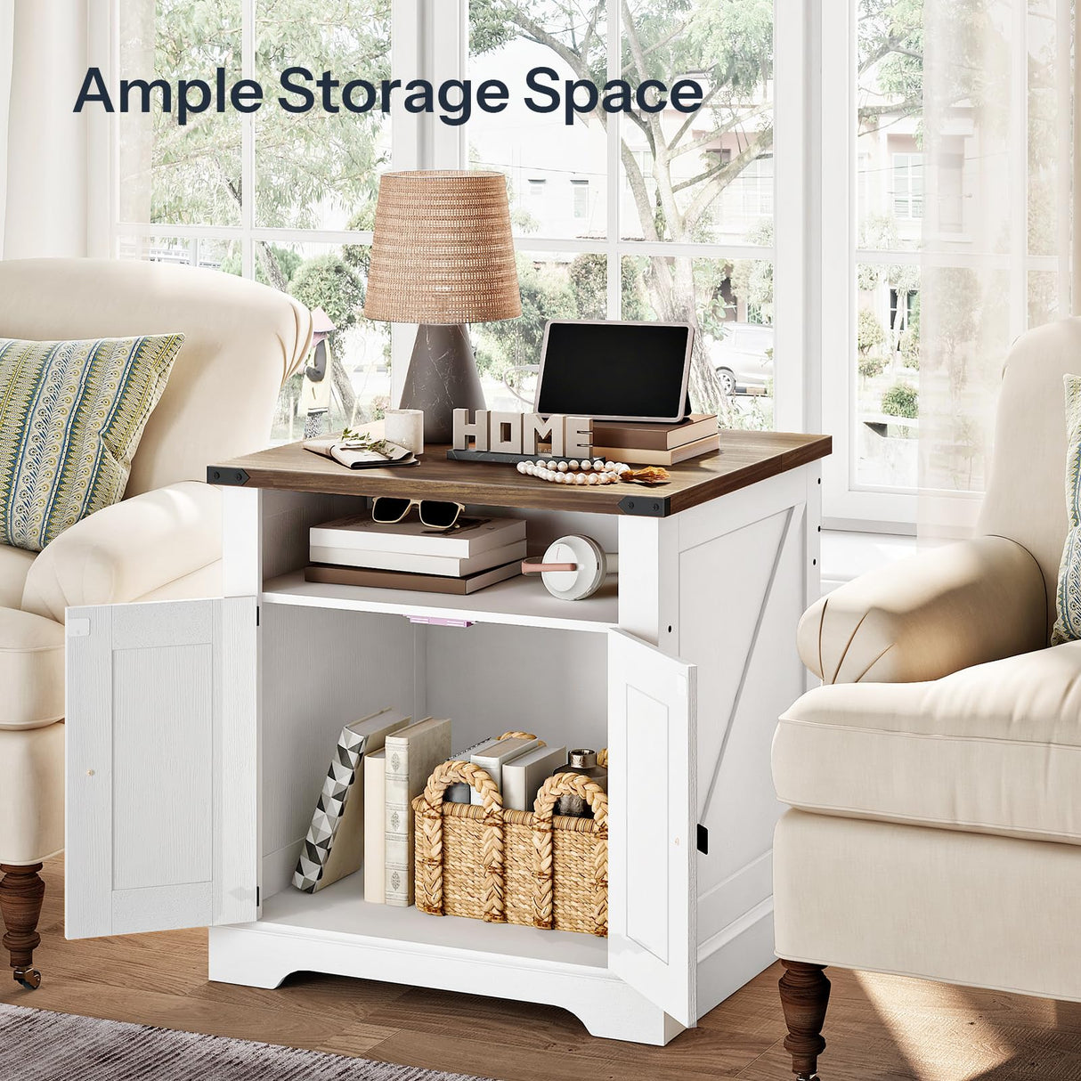 HOOBRO Farmhouse End Table with Charging Station, 23.6" Large End Tables for Living Room, Sofa Side Table with Barn Door, Wooden Square Nightstand Bedside Table, Flip Top, White and Walnut WH601UBZ01 HOOBRO