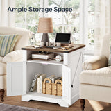 HOOBRO Farmhouse End Table with Charging Station, 23.6" Large End Tables for Living Room, Sofa Side Table with Barn Door, Wooden Square Nightstand Bedside Table, Flip Top, White and Walnut WH601UBZ01 HOOBRO