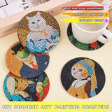Whimsical Cat Masterpieces Diamond Art Painting Coasters Kits for Adult, 8Pcs DIY Crafts Non Slip Coaster Pads with Holder, Featuring Famous Art with Cats, Vibrant Resin Gems, Heat Resistant Drink Mat VYRANA