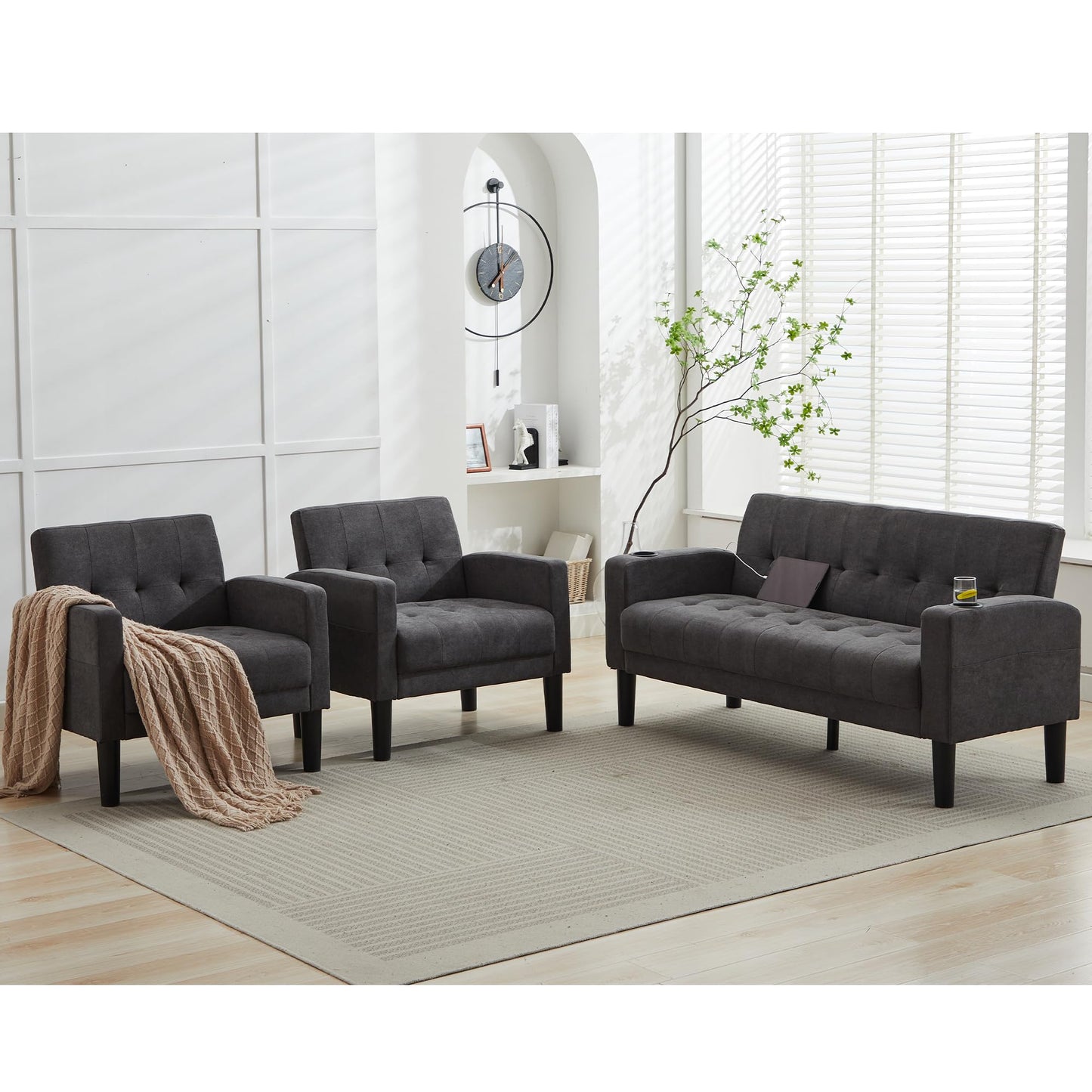 TYBOATLE Sofa Couch, Living Room Furniture Sectional Sofa Sets of 3 Pcs, Tufted Mid-Century Loveseat w/USB, Cupholders & Comfy Single Sofa for Small Space, Apartment, Office (Dark Grey)