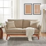 VINGLI 63.5" Comfy Small Upholstery Love Seat Couch with Soild Rubber Wood Frame, 2 Seater Mid Century Linen Fabric Loveseat Sofa, Mini Couch with Two Pillows for Small Spaces, Bedroom, Khaki VINGLI