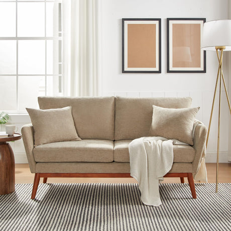 VINGLI 63.5" Comfy Small Upholstery Love Seat Couch with Soild Rubber Wood Frame, 2 Seater Mid Century Linen Fabric Loveseat Sofa, Mini Couch with Two Pillows for Small Spaces, Bedroom, Khaki VINGLI