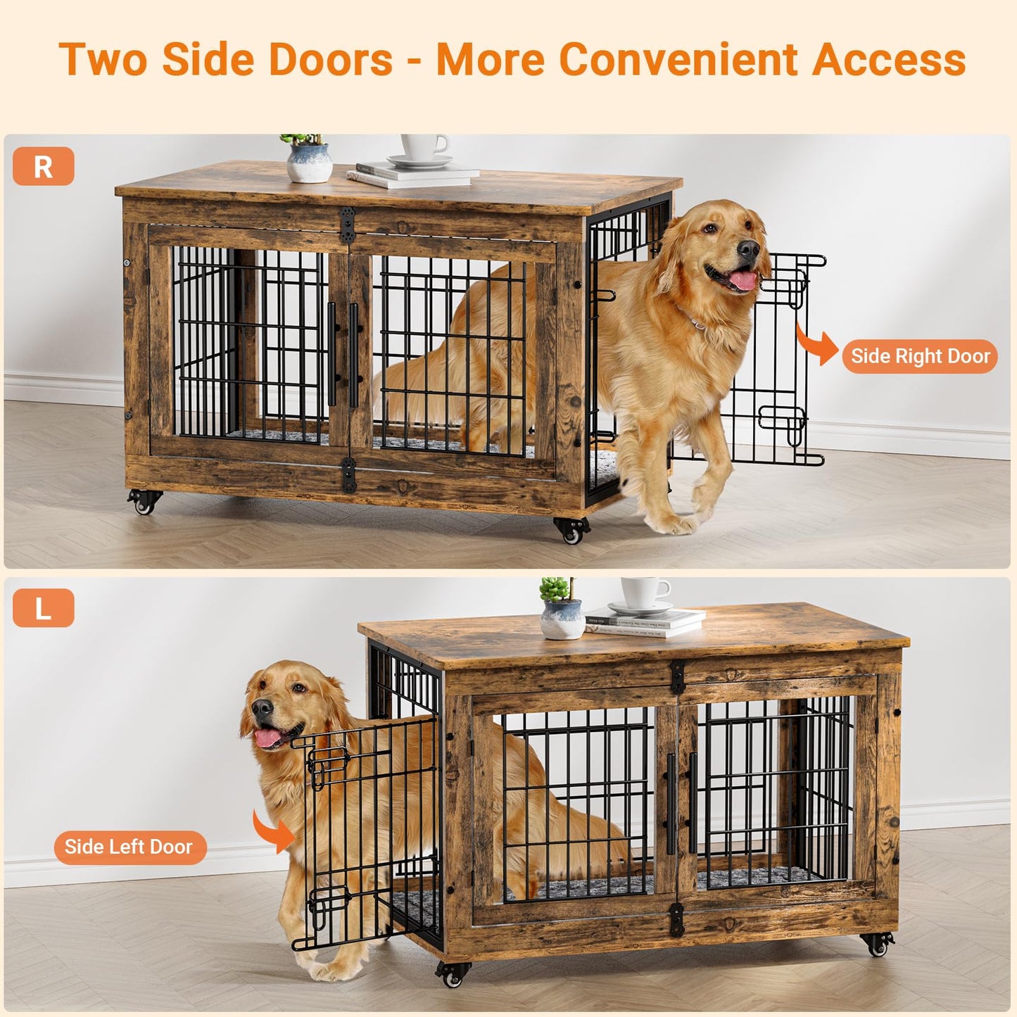 Lulive Dog Crate Furniture, Dog Kennel Indoor Double Doors Wooden Dog Cage, 38'' Heavy Duty Dog Crate with Cushion & Wheels, Decorative End Table Pet House Chew-Resistant for Large/Medium Dog - WoodArtSupply