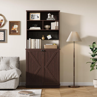 Tribesigns 70.9" Dark Walnut Tall Bookcase with Doors and DIY Pegboard for Home Office and Living Room - WoodArtSupply