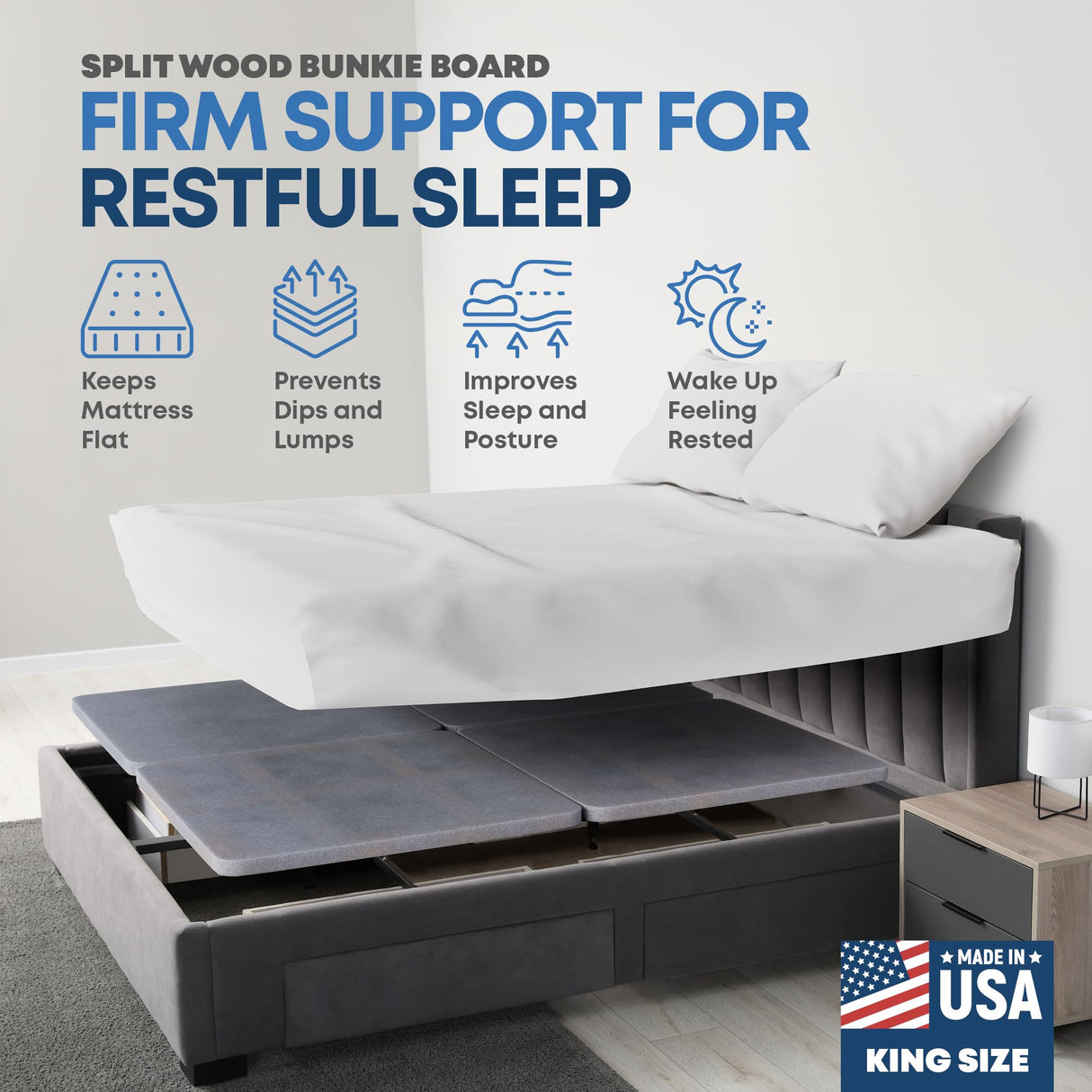 Treaton, 1.5" Split Wood Bunkie Board King Size Bed - 4-Piece Under Mattress Support, Fully Assembled, Fabric Ventilation Cover-Replaces Wooden Slats or Box Spring for Bed Frames Treaton