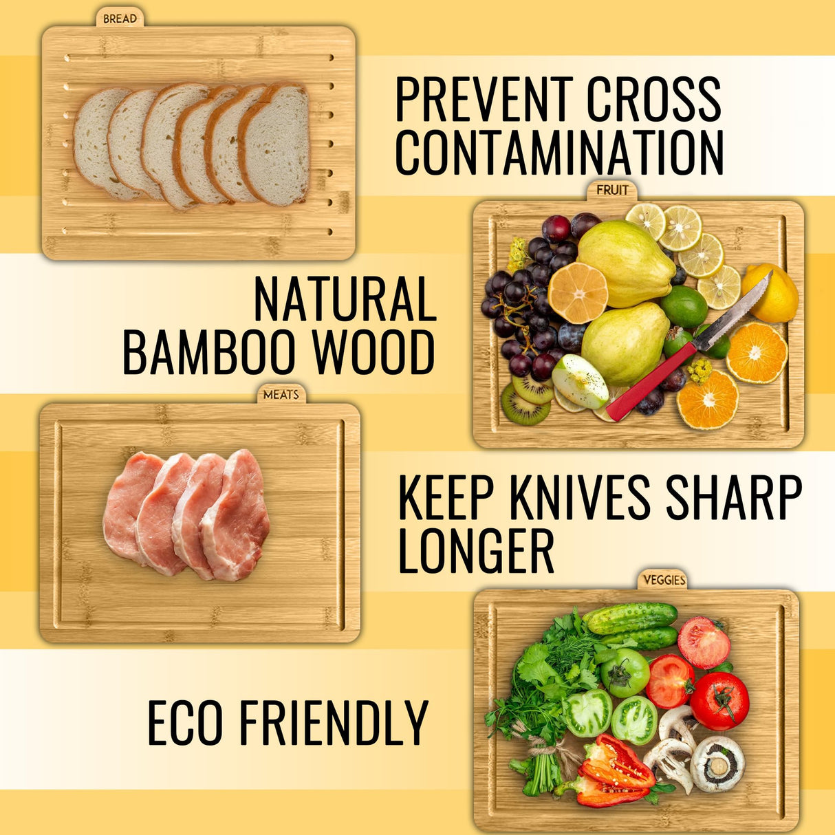 Modernlyst Bamboo Cutting Boards for Kitchen with Holder 13" x 11" x 2.5" | Labeled Wood Cutting Board Sets | Large Wooden Cutting Board Set of 4 with Black Organized Stand | Non Toxic Chopping Board Modernlyst