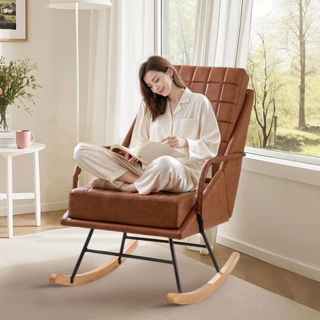 VECELO Rocking Chair Nursery, Over Size Leather Glider Rocker with High Backrest, Upholstered Removable Back, Brown VECELO