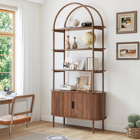 79" Tall Arched Bookshelf with Sliding Tambour Doors, Mid Century Modern Curved Bookcase Cabinet with Storage, 4-Tier Open Display Storage Shelf for Home Office,Living Room (Walnut, 79inch) Janmer Home