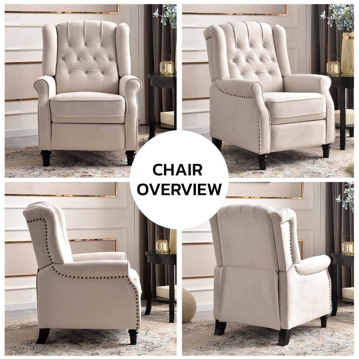 EBELLO 2 Pcs Pushback Recliner Chairs, Fabric Armchair Push Back Recliner with Rivet Decoration, Single Sofa Accent Chair for Living Room, Bedroom,Beige EBELLO
