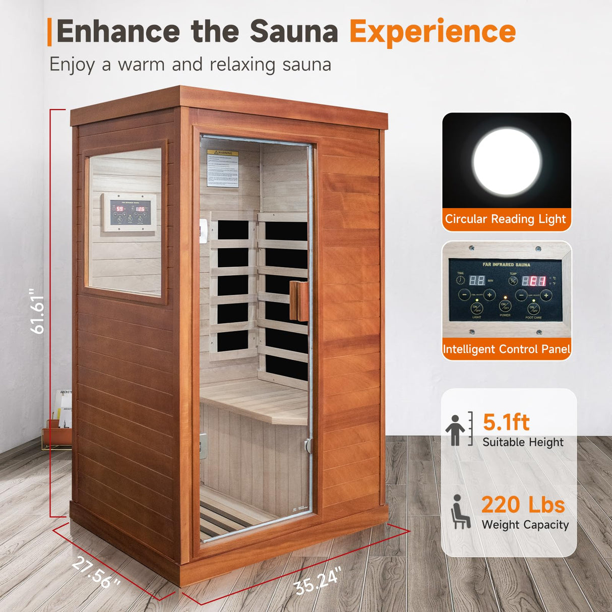 OUTEXER Far Infrared Sauna Home Sauna Spa Room Low-EMF Wood 800W Indoor Saunas with Control Panel and Tempered Glass Door, Room:35.2 * 27.6 * 61.6Inch OUTEXER