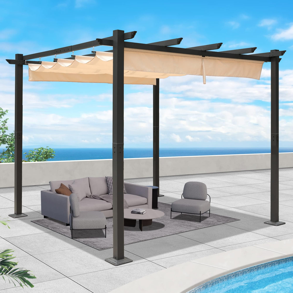 10‘x10’ Louvered Pergola, Retractable with Sun Shade Canopy Patio Pergola, Heavy Duty Aluminum Pergolas for Gardens, Pavilion Grill Gazebo, Backyards and Decks, Grape Trellis (Khaki) HOWSVN