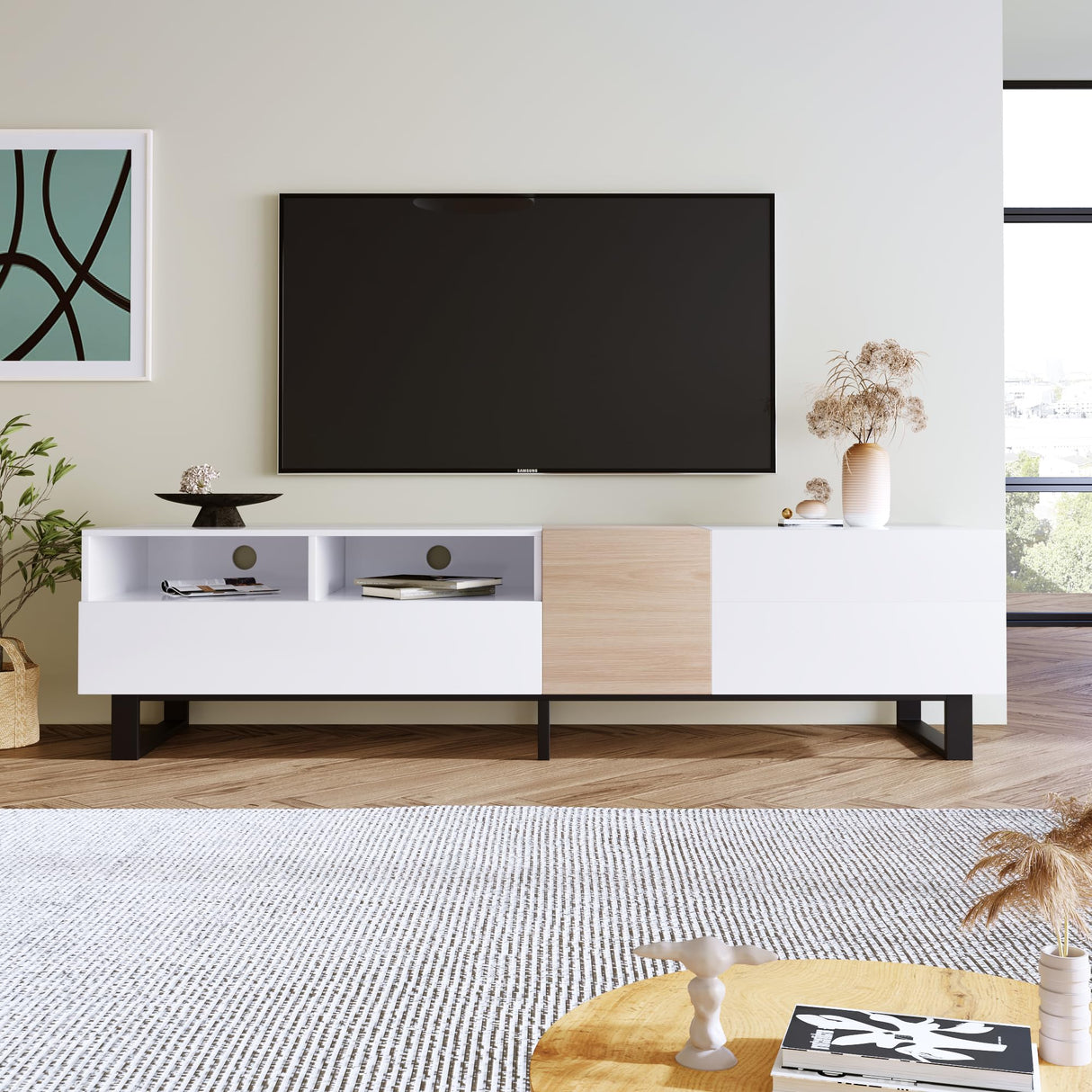 Virubi Modern TV Stand with 3 Cabinets & Open Shelves, Minimalist Wooden Entertainment Center for TVs Up to 80”, Sturdy TV Console for Living Room Bedroom Decor (White) Virubi