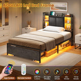 AOGLLATI Modern Twin Bed Frame with LED Lights, Storage Headboard and Drawers in Black Oak AOGLLATI