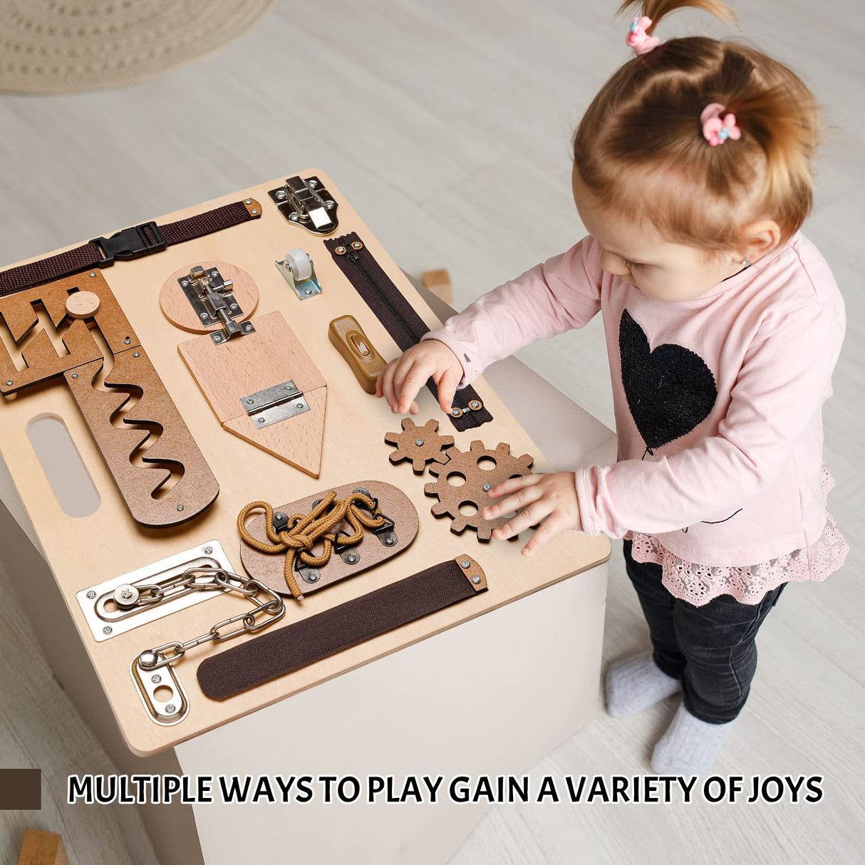 Montessori Busy Board for Toddlers, Wooden Sensory Toys, Preschool Learning Activities for Fine Motor Skills Travel Toy, Basic Life Skills Educational Gifts for 1, 2, 3 Years Old Kids Boys Girls ABERLLS