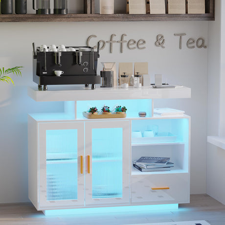 MDGC 40" Wood LED Coffee Bar with Wireless Charging Station, Kitchen Storage Cabinet Coffee Bar Cabinet with 2 Doors and Shelves, Modern Sideboard Buffet for Kitchen(White) MDGC