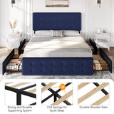 IDEALHOUSE Queen Size Bed Frame with 4 Storage Drawers and Headboard, Velvet Upholstered Platform Bed Frame with Wooden Slats Support, Button Tufted Design, No Box Spring Needed, Blue IDEALHOUSE