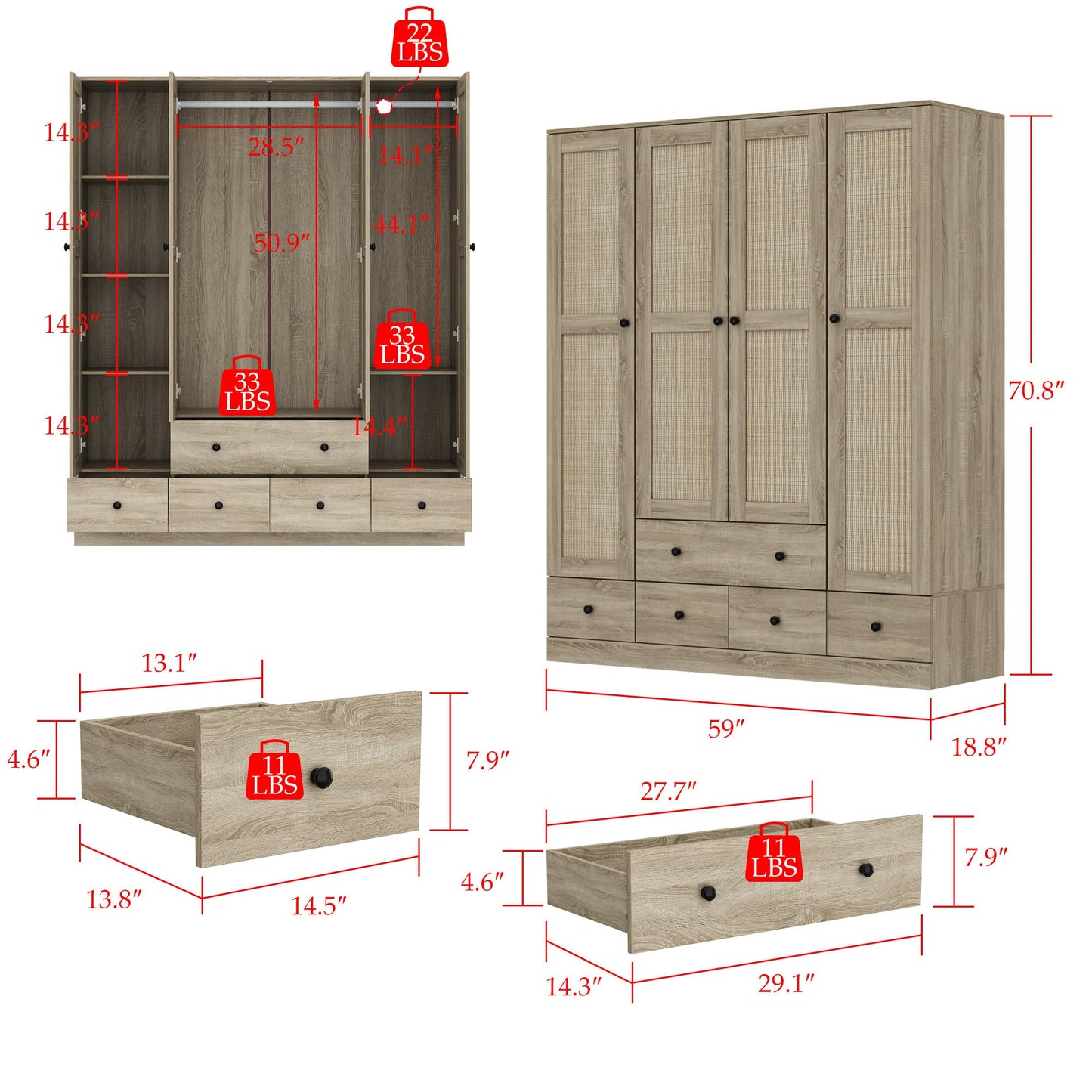 Homsee 4 Door Wardrobe Armoire Closet, Bedroom Cabinet Armoire with Rattan Doors, 5 Drawers, 2 Hanging Bars & Shelves, Light Brown