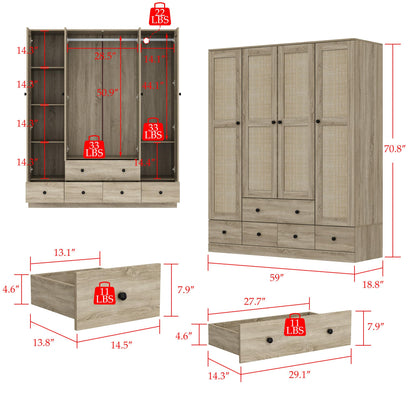 Homsee 4 Door Wardrobe Armoire Closet, Bedroom Cabinet Armoire with Rattan Doors, 5 Drawers, 2 Hanging Bars & Shelves, Light Brown