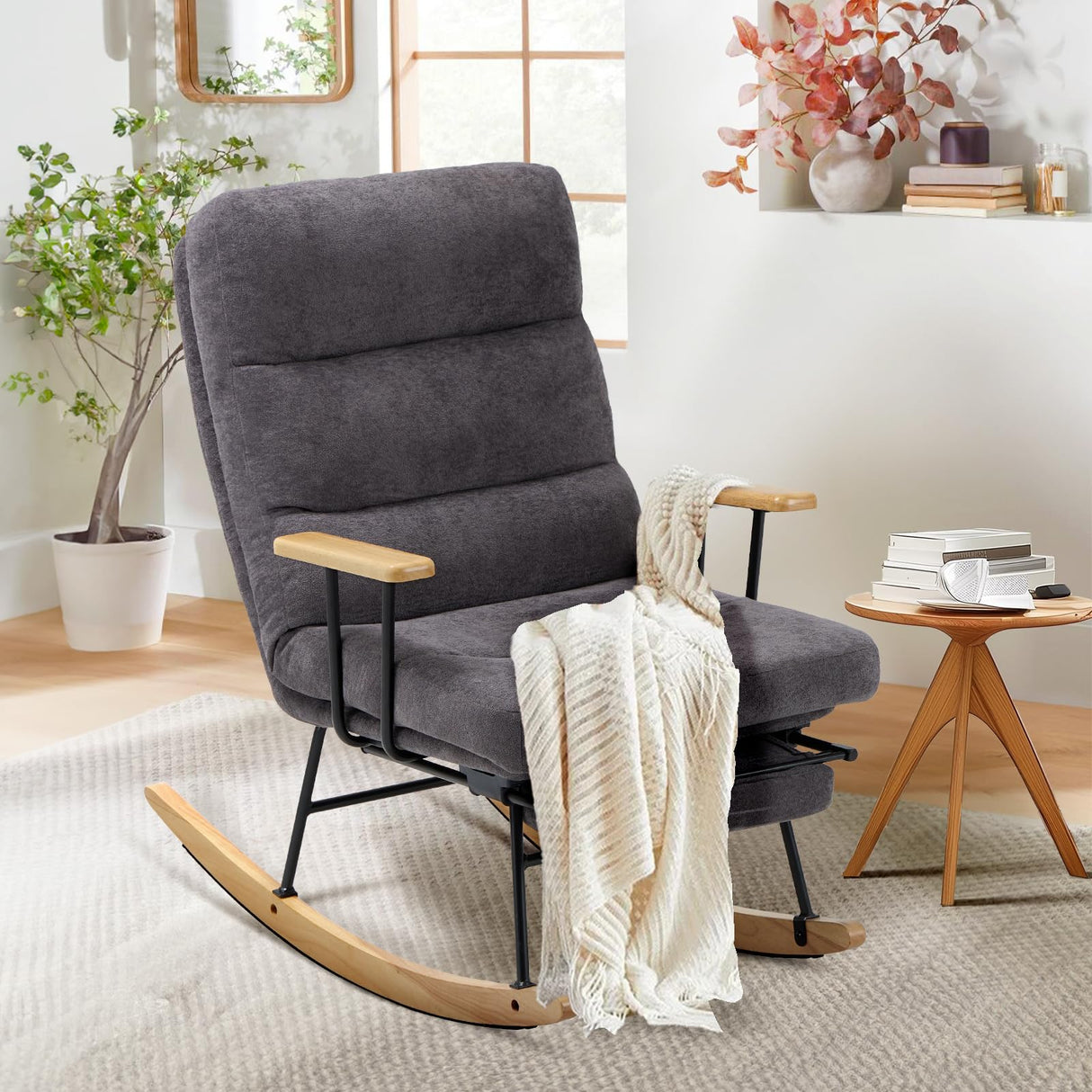 Rocking Chair with Footrest-Glider Rocking Chair with Retractable Footrest and Adjustable Backrest, Teddy Upholstered Accent Chair, Reading Chair Rocking Accent Chairs Glider Recliner for Living Room COLAMY