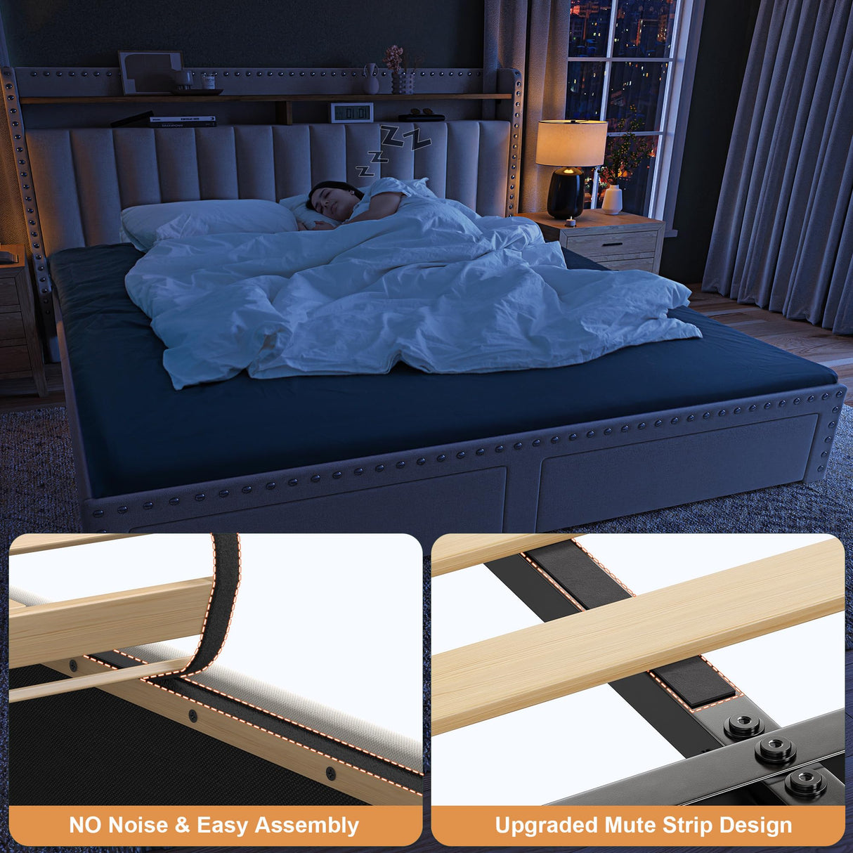 EnHomee King Size Bed Frame with Storage and Headboard, Upholstered King Bed Frame with Storage, King Bed Frame with 2 Drawers, King Size Bed Frame with Storage, NO Noise,No Box Spring Needed EnHomee