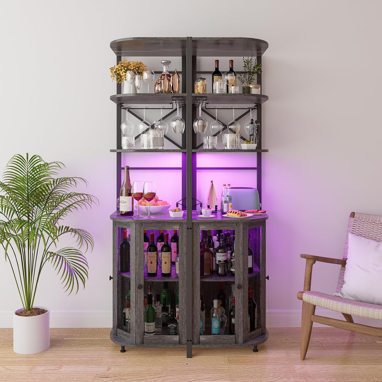 Aufvolr Wine Bar Cabinet with Power Outlet, 6-Tiers Industrial Wine Cabinet with LED Light and Glass Holder, Corner Bar Cabinet with Adjustable Shelf and Mesh Door, Liquor Cabinet Bar for Home Aufvolr