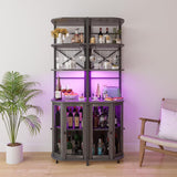 Aufvolr Wine Bar Cabinet with Power Outlet, 6-Tiers Industrial Wine Cabinet with LED Light and Glass Holder, Corner Bar Cabinet with Adjustable Shelf and Mesh Door, Liquor Cabinet Bar for Home Aufvolr