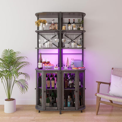 Aufvolr Wine Bar Cabinet with Power Outlet, 6-Tiers Industrial Wine Cabinet with LED Light and Glass Holder, Corner Bar Cabinet with Adjustable Shelf and Mesh Door, Liquor Cabinet Bar for Home