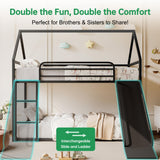 Lodoba Twin Over Twin Low Bunk Bed with Convertible Slide, Bunk Bed for Kids,Montessori Floor Bunk Bed Frame with Full-Length Guardrail,Floor bunk Bed for Boys Girls Teens,Light Black Lodoba