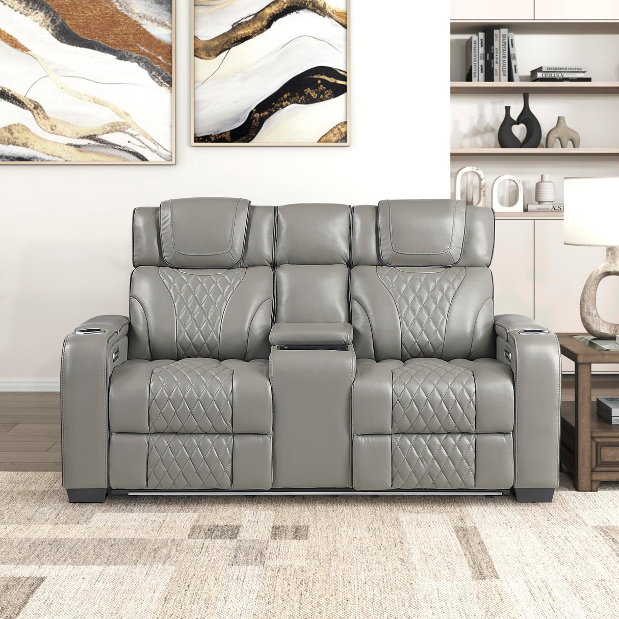Lexicon Power Double Reclining Loveseat, Center Console/Heat/Massage/Headrest/Storage Arms/Cup Holders/LED Lights/Wireless Charging, Top Grain Leather Match Wall Hugger Recliner Loveseat, Grey Lexicon