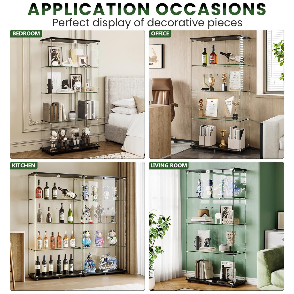 ahomrt Glass Display Cabinet with 4-Shelf Double Doors and Lock, 5mm Tempered Glass Floor Standing Bookshelf for Living Room, Bedroom, Office, 64 x 31.7 x 14.3 in, Black ahomrt