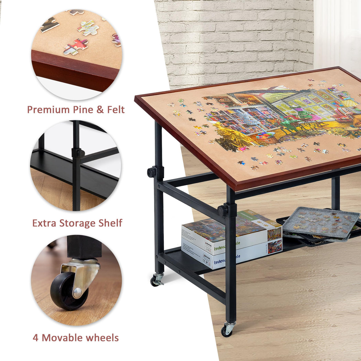 Lavievert Jigsaw Puzzle Table with Cover, Angle & Height Adjustable Puzzle Board Easel with Open Storage Shelf, Large Tilting Table with 4 Rolling Wheels for Up to 1500 Piece Puzzles LAVIEVERT