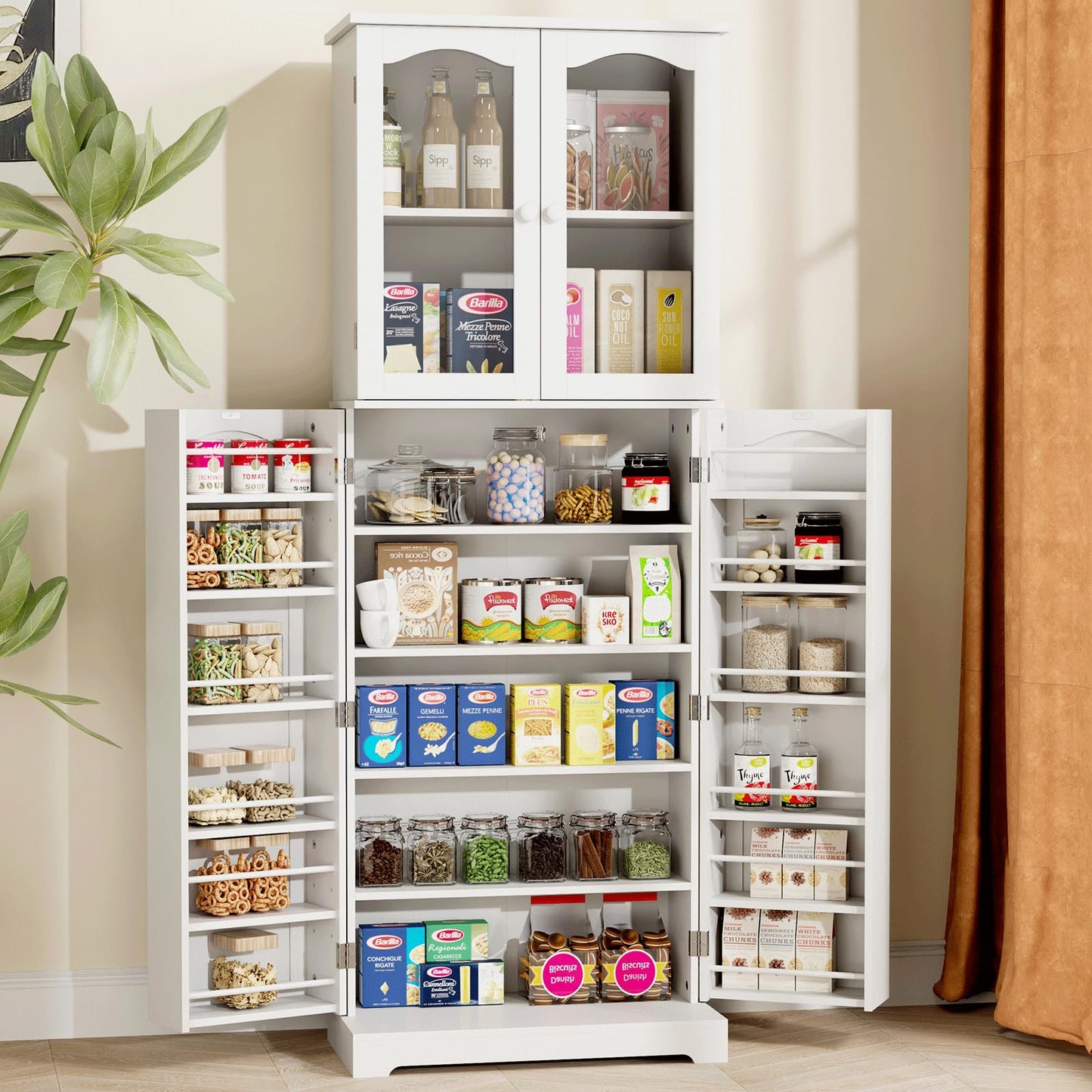 HOME BI 64" Kitchen Pantry Cabinet, Tall Freestanding Pantry with Glass Doors,Wooden Food Pantry Storage Cabinet for Home Kitchen, Dining Room, Living Room(White, 23.62W x 11.81D x 63.58H)